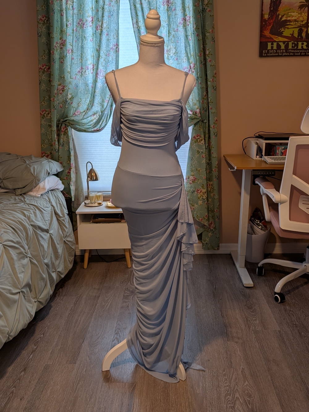 SHEIN Dusty Blue Ruched Off-Shoulder Maxi Dress